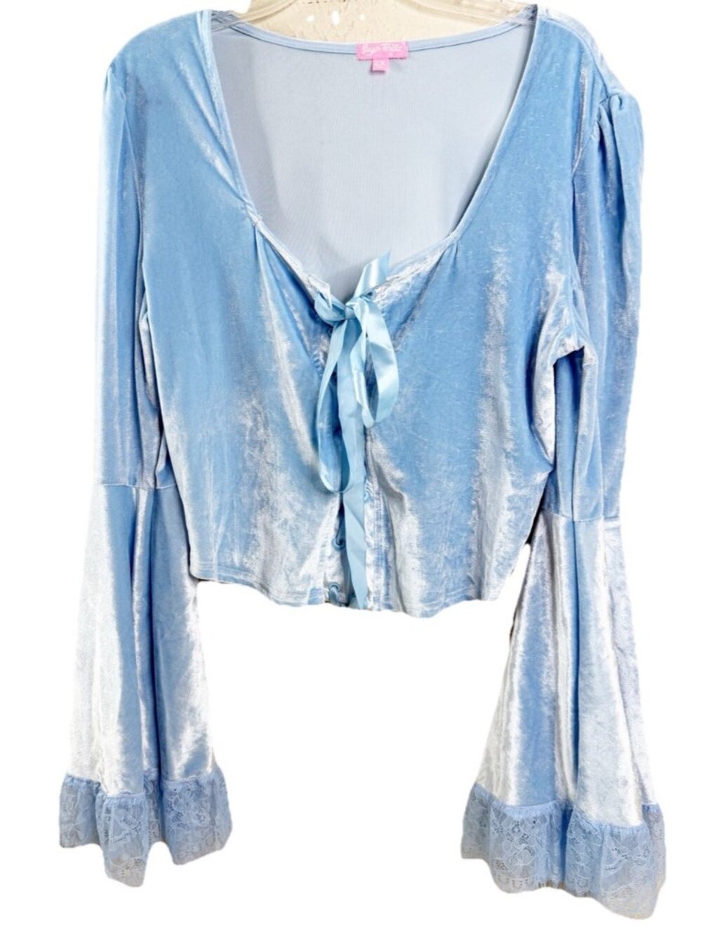 Sugar Thrillz 2X Baby Blue Velour Long Sleeve Lace Up Bell Sleeve Lace Top EUC